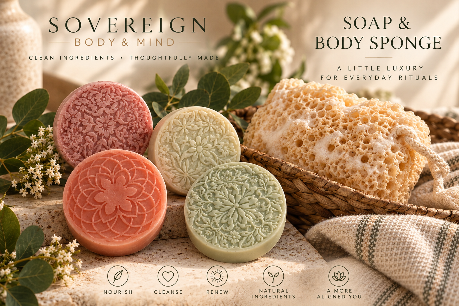 Handcrafted goat's milk soaps with floral embossing beside a natural loofah body sponge
