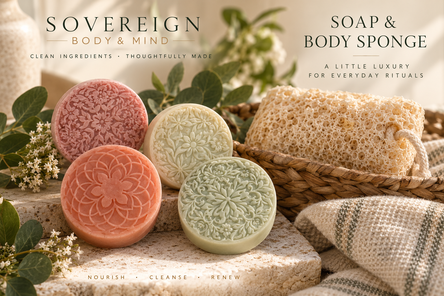Handcrafted goat's milk soaps with floral embossing beside a natural loofah body sponge in a woven basket