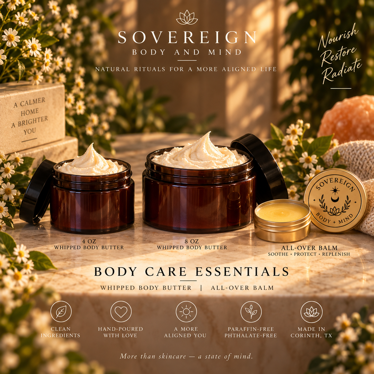Sovereign Body and Mind whipped body butter in 4 oz and 8 oz amber jars beside the all-over balm in a gold tin
