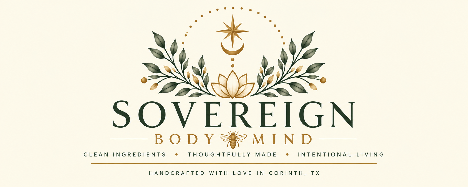 Sovereign Body & Mind — botanical and celestial brand crest with lotus and bee