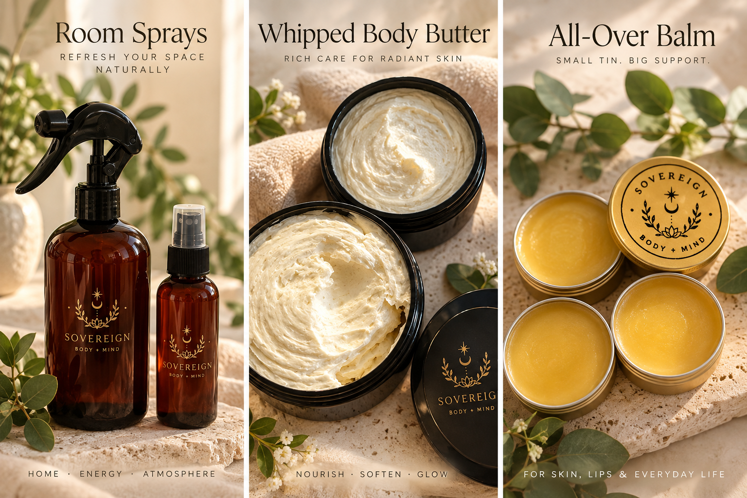Room sprays in amber bottles, whipped body butter in black jars, and all-over balm in gold tins